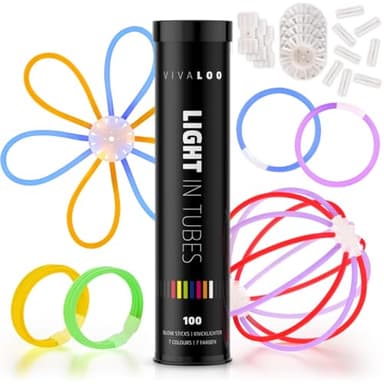 Vivaloo Knicklichter Party Set 100 Stück + Zubehör - Leuchtstäbe mit Verbinder für Leuchtarmbänder, Party Brillen, Bälle usw. - Party Deko & Festival Zubehör