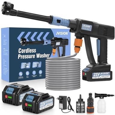JVISION Akku Hochdruckreiniger Mobiler mit Wasserhahnanschluss & 2X 4000mAh Akku, Kabelloser Pressure Wascher mit 6-in-1 Düse für Auto, Terrasse, Hausreinigung