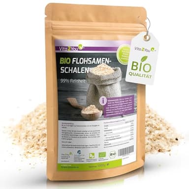 Vita2You Flohsamenschalen Bio 99% Reinheit 1000g - Laborgeprüft - 100% Bio Anbau - 1kg indische Flohsamen Schalen - Premium Qualität
