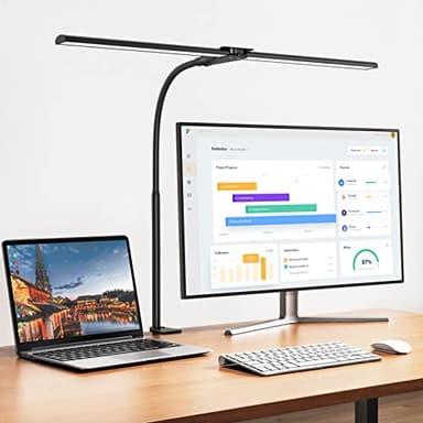 Schreibtischlampe LED Dimmbar, 1200 Lumen Doppelkopf Klemmbar für Homeoffice, Augenschutz Schwanenhals Büro Tischlampe, Monitor Lampe Schwarz mit 5 Farbtemperatur-Helligkeitsstufen