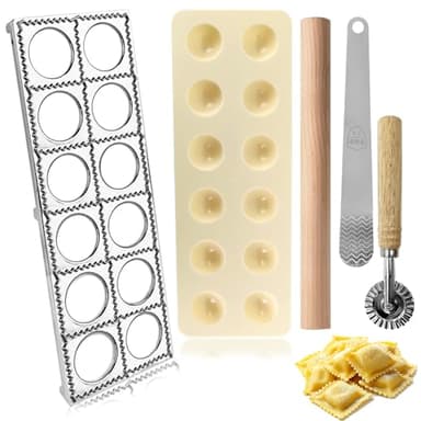 Rainmae Ravioli-Maker aus Aluminium mit 12 Löchern, rund mit Nudelholz Teigtaschenrad Former, Fleischspatel Raviolibrett für Die Herstellung Von Ravioli, Knödel