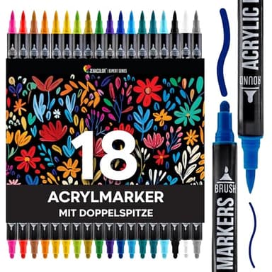 Zenacolor 18 Acrylstifte für Steine wasserfest mit Doppelspitze (feine Spitze und Pinsel) - Acrylstifte verschiedene Oberflächen - Multimarker Acryl