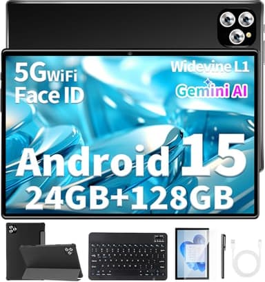 10 Zoll Android 15 Tablet mit Tastatur – 24 GB (4+20) RAM + 128 GB ROM (1 TB erweiterbar), 2 in 1 Tablets mit 8-Kern, 7200 mAh, 5G WLAN, Widevine L1, mit Hülle, Tastatur und Stylus-Black(No Charger)