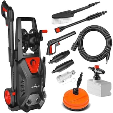 LEHMANN Hudson Hochdruckreiniger mit Aluminiumpumpe, 1800 W, max. 220 bar Druck, 450 l/h Fördermenge, Zubehörsatz - Terrassenbürste, Schäumer, Felgenbürste, Ideal als Auto Hochdruckreiniger