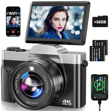 Digitalkamera, 4K 64MP Autofokus Kamera Fotokamera Mit WLAN, 3" 180° Klappbarer Bildschirm Digital Kamera mit 32GB Karte, Ladestation, 2 Akkus Fotoapparat Kompaktkamera für Anfänger Teenager -Schwarz