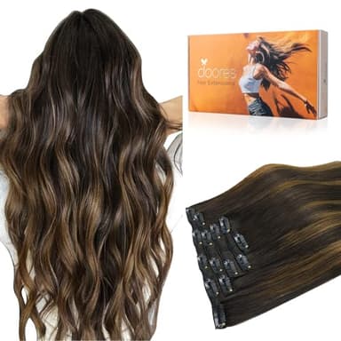 DOORES Clip in Extensions Echthaar, Balayage Dunkelbraun bis Kastanienbraun 35cm 14 Zoll 75g 5pcs, seidig glatte Extensions Echthaar Clip