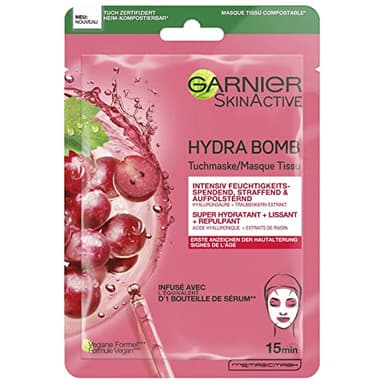 Garnier Tuchmaske, Gesichtsmaske für erste Anzeichen der Hautalterung, Straffend, aufpolsternd und feuchtigkeitsspendend, Mit Hyaluronsäure und Traubenkern-Extrakt, Hydra Bomb, 28 g