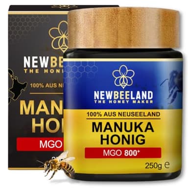NEWBEELAND Manuka Honig MGO 800+ – 250g – lichtgeschütztes Glas, 100% purer Premium Manuka Honey aus Neuseeland, chargengeprüft mit zertifiziertem Methylglyoxal-Gehalt, ohne Zusatzstoffe