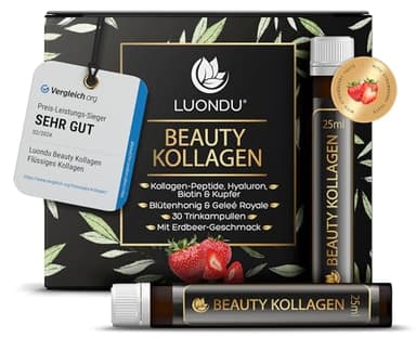 Luondu Beauty Kollagen Trinkampullen mit Hyaluronsäure (30 Ampullen mit 2500mg Kollagen) I Mit Biotin, Kupfer & Vitamin C, Blütenhonig & Gelée Royale