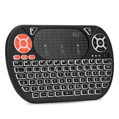 Rii F8 Mini Tastatur Wireless, Kabellos Tastatur mit 8 IR-Lerntaste, LED Hintergrundbeleuchtung und Touchpad für Smart TV, HTPC, IPTV, Android TV-Box, PC (Deutsches, Schwarz)