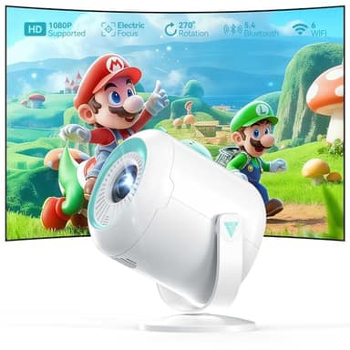 Mini Beamer, 1080P Projektor Tragbarer, 4K Mini Tragbarer Beamer mit WiFi 6 und Bluetooth 5.4, 270°Dreh Elektronisch Focus und Keystone, 200-Zoll-Bildschirm, Projektor für den Außen- und Innenbereich