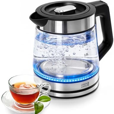 LEBENLANG Glas Wasserkocher klein - 1,2 Liter mit LED Beleuchtung I Edelstahl Design BPA-Frei Wasserkocher 1l 1 2 l Glas Glaswasserkocher Leiser & Kleiner Reisewasserkocher für Camping