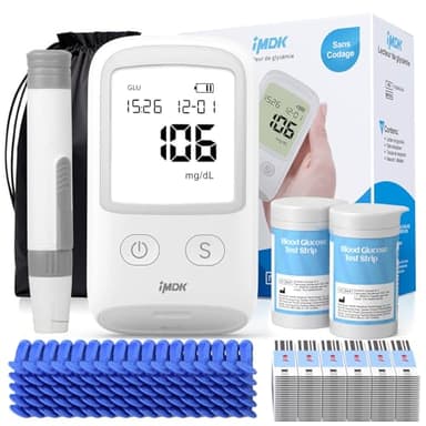 IMDK Blutzuckermessgerät-Set (mg/dl), 𝐊𝐥𝐢𝐧𝐢𝐬𝐜𝐡 𝐩𝐫ä𝐳𝐢𝐬𝐞𝐬 Blutzuckermessgerät mit 100 Teststreifen, 100 Lanzetten und 1 Stechhilfe – codierungsfrei & großes Display