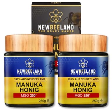 NEWBEELAND Manuka Honig MGO 250+ – 2X250g (500g) – lichtgeschütztes Glas, 100% purer Premium Manuka Honey aus Neuseeland, chargengeprüft mit zertifiziertem Methylglyoxal-Gehalt, ohne Zusatzstoffe