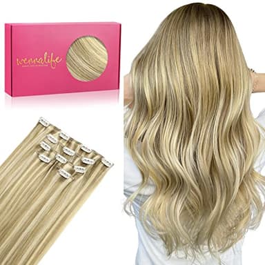 WENNALIFE Clip in Extensions Echthaar, 75g 5pcs 35cm Hellblond Highlights Goldblond Extensions Clip in Remy Clip in Extensions Natürliche Haarverlängerung Echthaar