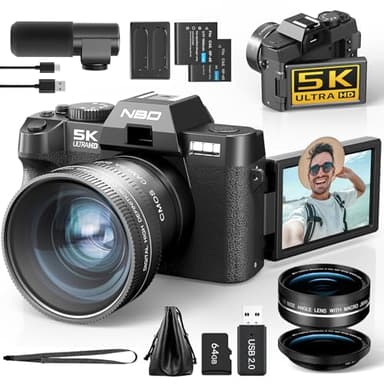 NBD 5K Digitalkamera 64MP mit Autofokus & 16X Zoom, 3" 180° klappbarem Display, WiFi – Inkl. Weitwinkel/Makro-Linse + Mikrofon + 64GB Karte + 2 Akkus (Schwarz)