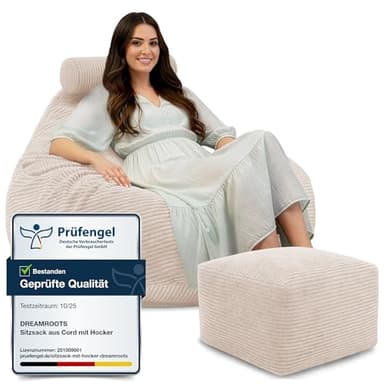 DreamRoots Sitzsack Erwachsene Cord oder Kinder - Bean Bag Sofa - Sitzsack Cord mit Hocker und Bezug - Sitzsäcke mit Füllung 90x90x100 cm Vanilla Ice