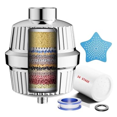 Cobbe 34 Stufen Duschfilter mit Vitamin C für Hartes Wasser, Kalkfilter Dusche mit 2 Filterpatrone zur Entfernung von Chlor und Schwermetallen, Shower Filter Chrom