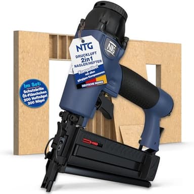 NTG Druckluft Nagler Nagelpistole Komplettset robustes Kunststoffgerät 1,1 kg 100 Stück Magazin einstellbar 16 bis 40 mm präziser Tacker und Klammergerät ideal für Heimwerker Werkstatt inkl. Zubehör