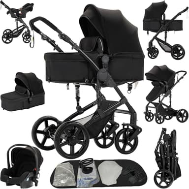 Reenborn Kinderwagen 3 in 1, Buggy mit Zwei Umkehrbaren Schiebemodi, Kinderwagen mit Rahmen Aluminiumlegierung, Babywagen 3 in 1 Komplettset mit Ein-Klick-Faltdesign Hohe Landschaft (588 Black)