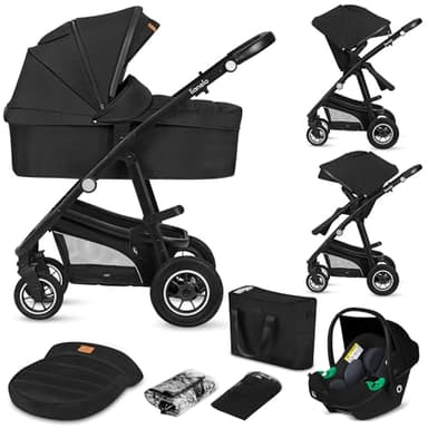 LIONELO BIANKA Kinderwagen 3 in 1 bis 22 kg Babywanne Autositz, Zusammenlegbar, Reise-System, Einstellung der Rückenlehne, Räder 360 Stoßdämpfer, Verdeck XXL