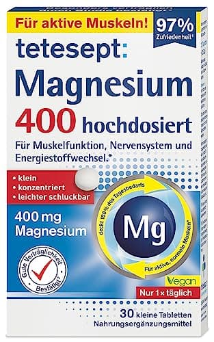 tetesept Magnesium 400 hochdosiert – Nahrungsergänzungsmittel mit Magnesium – leicht schluckbare Magnesium Tabletten für aktive, normale Muskeln*– 1 x 30 Tabletten