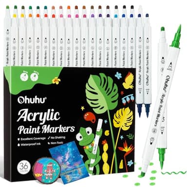 Ohuhu Acrylstifte, 36 Farben Acrylic Marker mit zwei Spitzen (Pinsel und Punkt) - Wasserfest, Lichtechte, hoher Deckkraft Acrylstifte Set für Steine Bemalen, Ostereier, Holz, Glas, Keramik, Leinwand
