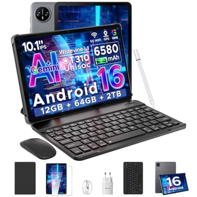 DOOGEE Tab A9 Android 16 AI Tablet 10 Zoll, Tablet mit Tastatur/Stift/Maus/Hülle, 6580mAh,12GB RAM+64GB ROM(TF 2TB), Unisoc T310, Dual Speaker, 5G WiFi, HD IPS Display, 8MP, GMS, BT5.0, 3.5mm, Face ID