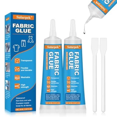 Sularpek 2 * 60 ML Textilkleber, Transparenter Stoffkleber, Waschmaschinenfest Permanenter Kleber für Stoffe, Textilkleber Extra Stark für Alle Stoffe, Baumwolle, Denim, Flanell, Polyester