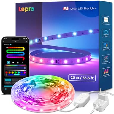Lepro AI LED Streifen S1, MagicColor RGBIC 20M Smart LED Strip mit Personalisierter KI-Lichtdesigner, Musik-Sync, App-Steuerung kompatibel mit Alexa&Google Assistant, LED Lichterkette für Party&Gaming