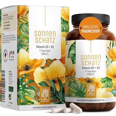 Vitamin D3 + K2 Depot – 15 Monatevorrat – bewährte NATURTREU Qualität – 5000 IE Vitamin D3 – hochdosiert, ohne unnötige Zusätze - Hochdosierte Kapseln - optimal ergänzt durch Magnesium