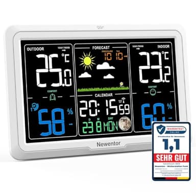 Newentor Wetterstation Funk mit Außensensor - Lebenslange Außensensor-Garantee - Lebendiges VA-Display für 330°Ablesbarkeit - Dauerhafte Beleuchtung, Weiß