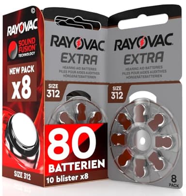 80 Batterien für Hörgeräte Rayovac Extra Größe 312 mit Sound Fusion Technologie - 10 Blister mit 8 Batterien