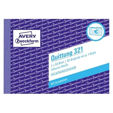 AVERY Zweckform 321 Quittungsblock (A6 quer, 2x50 Blatt, mit Durchschlag, fälschungssicher, inkl. MwSt., für Deutschland und Österreich) weiß