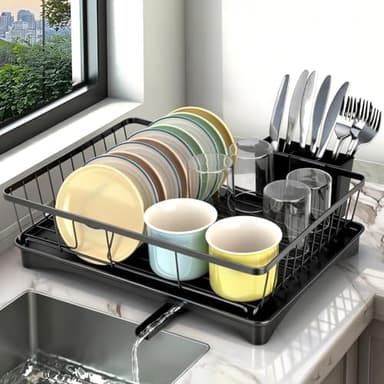VINATO Abtropfgestell Geschirr mit Abtropfschale, 42x30x13cm Dish Drying Rack, Platzsparendes Geschirrabtropfgestell aus Carbonstahl & Kunststoff, Geschirrablage für Spüle, Schwarz