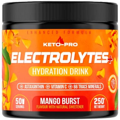 Keto-Pro Keto Elektrolyte 250 g | Elektrolyt Pulver zur Unterstützung von Fasten, Gesundheit und Fitness | Electrolyte Powder Ohne Zucker | 50 Portionen | Mango-Geschmack