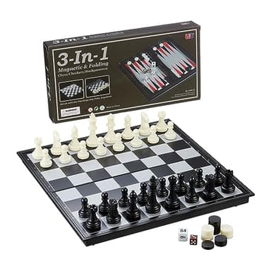 Relaxdays Schachspiel, 3-in-1 Reisespiel für Schach, Dame & Backgammon, magnetisch, BT: 32x32 cm, klappbar, schwarz/weiß