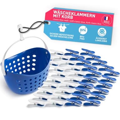 culiclean Wäscheklammern stabil ohne Abdruck Soft Clips mit Wäscheklammernkorb 40 Stück mit Wäscheklammernkorb