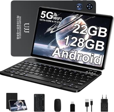 2026 Neueste Tablet 10.1 Zoll Android Octa-Core 22GB RAM+128GB ROM (2TB TF), Widevine L1, 5G+2.4G WiFi, BT 5.0, 8000mAh, 8+5MP, 1280 * 800, GPS, Type C, 2-in-1 Tablet mit Tastatur und Maus - Schwarz