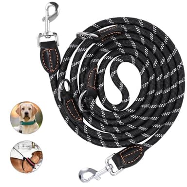Verstellbare Hundeleine für Große & Mittelgroße Hunde - Doppelleine aus Nylon Mit 2 Karabinerhaken und 3 Ringen, 3m Lang, Multifunktional, Schwarz
