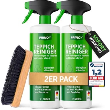 PRINOX 2x Profi Teppichreiniger 500ml - Teppichboden Reiniger inkl. Teppich Bürste, schäumend für alle Teppiche - Teppich Reinigungsmittel & Fleckenentferner aus Deutschland