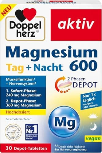 Doppelherz Magnesium 600 Tag und Nacht 2-Phasen-DEPOT - Magnesium trägt zur normalen Muskelfunktion bei - Hochdosiert - 30 DEPOT-Tabletten