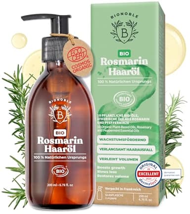 BIONOBLE Rosmarinöl Haare Bio - Fördert Haarwachstum, Verlangsamt Haarausfall, Kopfhaut Öl - Hair Oil mit Rosmarin Öl und Rizinusöl - Rosemary Oil for Hair Growth - Glasflasche mit Pumpe - 200ml