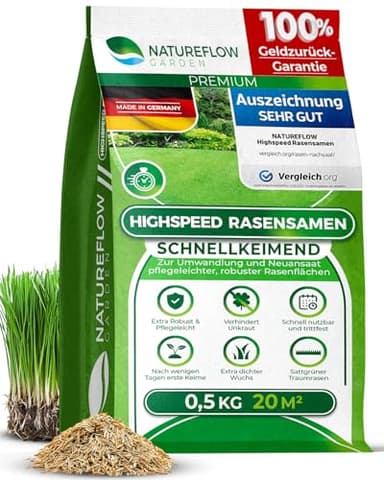Rasensamen Schnellkeimend Frühjahr – TEST SEHR GUT – Grassamen Schnellkeimend für Rasen & Rasen Nachsaat 0,5 kg für 20 qm – Rasensaat für Nachsaat Rasen Frühjahr, Saisonstart, kräftiges Wachstum