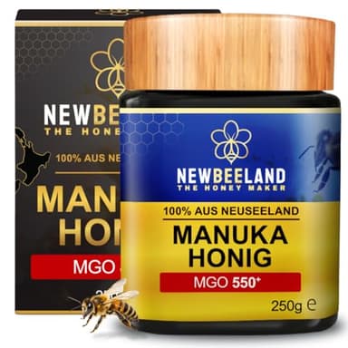 NEWBEELAND Manuka Honig MGO 550+ – 250g – lichtgeschütztes Glas, 100% purer Premium Manuka Honey aus Neuseeland, chargengeprüft mit zertifiziertem Methylglyoxal-Gehalt, ohne Zusatzstoffe