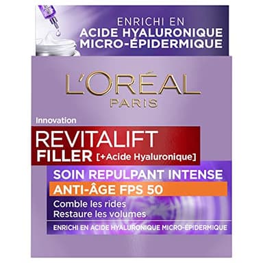L'Oréal Paris – Intense Anti-Aging-Pflege LSF 50 – Tagescreme mit Hyaluronsäure mit UV-Schutz – Falten & Fältchen – für alle Hauttypen – Revitalift Filler – 50 ml