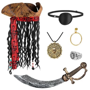 Tanganan Halloween Piratenhut Kostüm Set, 6 pcs Piratenkostüm mit Dreadlocks Schädelkopfschwert Ring Ring Halskette Ohrringe Eye Patch Leder brauner Hut für Frauen Männer Männer