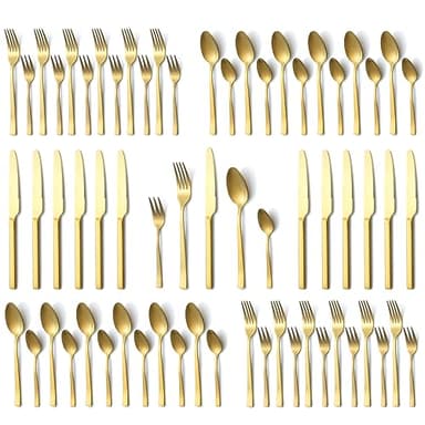 Besteck Set 12 personen, Hunnycook 60 teilig Besteck Gold matt mit Gabeln Löffel Messer, Edelstahl Goldenes Besteck für Hause/Küche/Restaurant, Hochglanzpoliert, Spülmaschinenfest