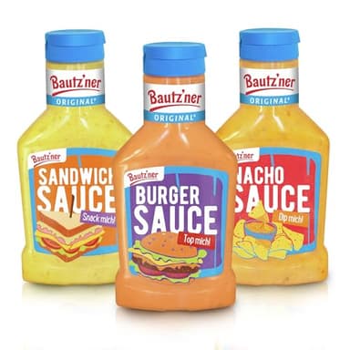 Bautz'ner Snack Saucen 3er Bundle – 3 × 300 ml – Bundle bestehend aus Sandwich-, Burger- & Nachosauce – Glutenfrei & ohne Geschmacksverstärker – Dips & Saucen für Wraps, Pommes, Snacks & mehr
