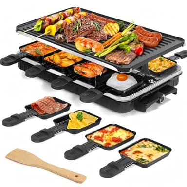 2-in-1 Raclette Grill, Raclette 8 Personen, 1300W Elektrogrill mit 1 Umkehrbarer Antihaft Grillplatte & 8 Mini Käse Raclette Pfännchen & 1 Holzspatel, für Indoor Familienfeiern und BBQ